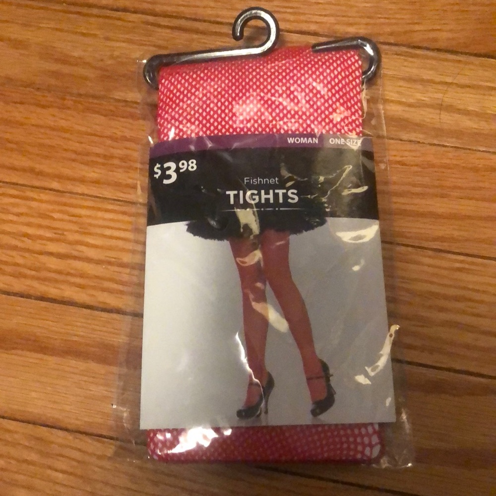 Woman’s red fishnet tights